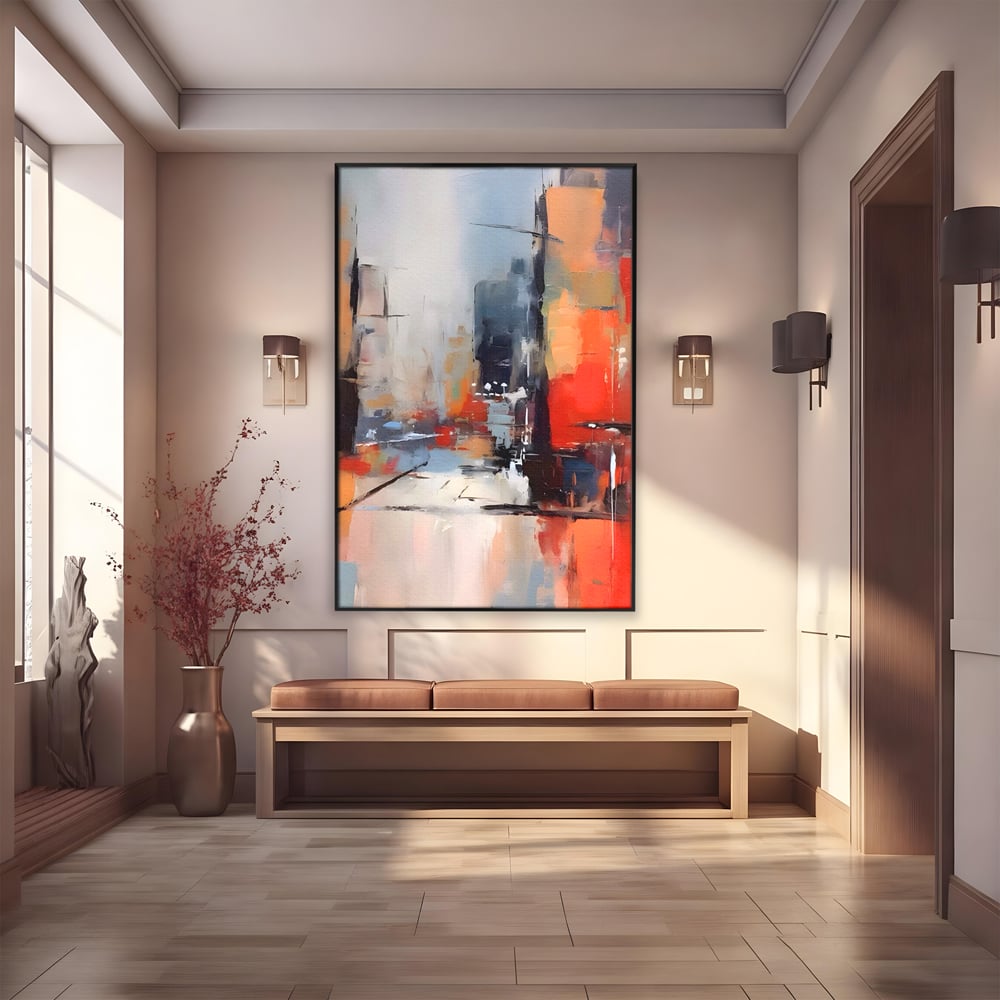 Tablou canvas cu pictura abstracta cu oras si cladiri, in rama de aluminiu negru